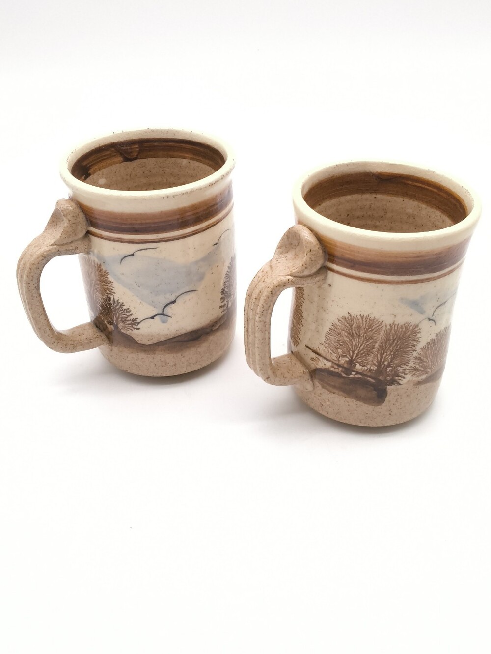 Pair Handcrafted Signed Studio Pottery Landscape Mugs
